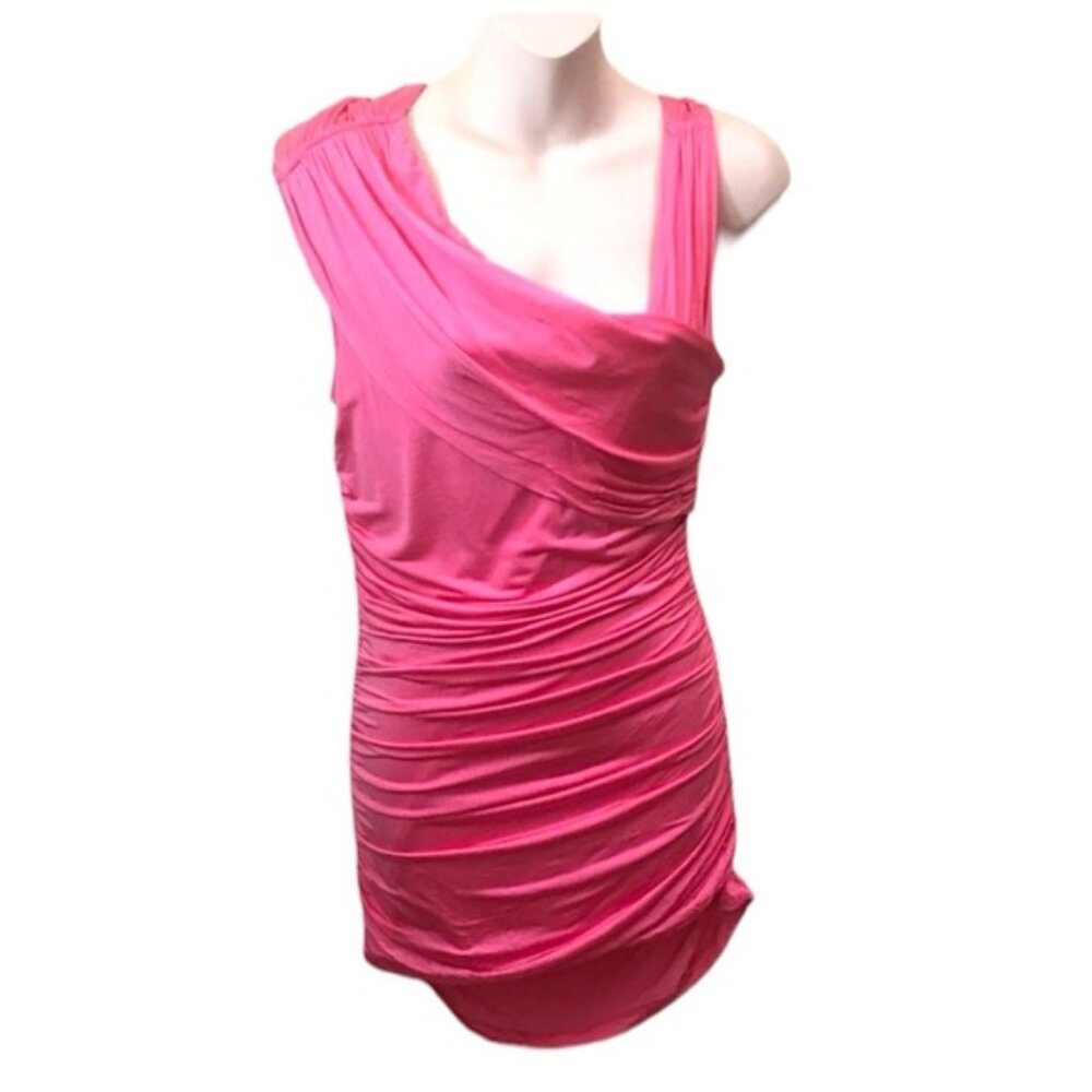 Bebe NEW Hot Pink Ruched Draped Tank Top Silky Stretch Bodycon Slimming Tank